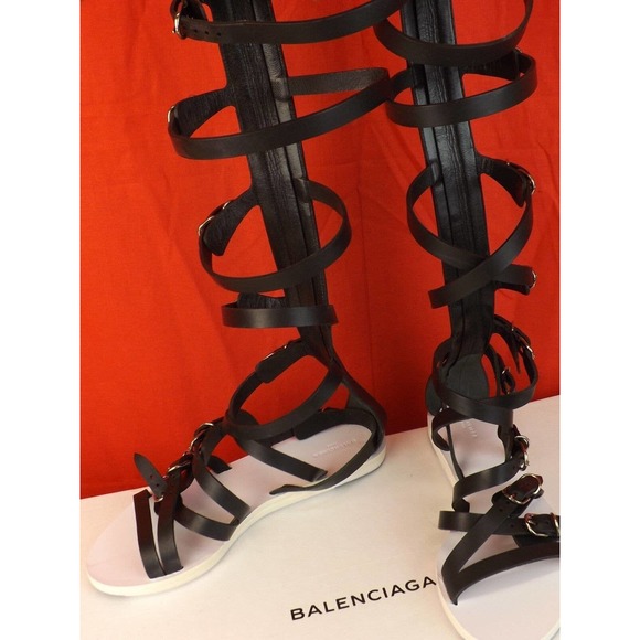 NEW BALENCIAGA BLACK LEATHER STRAPPY GLADIATOR TALL FLAT SANDALS BOOTS 38 372880 - Picture 4 of 12